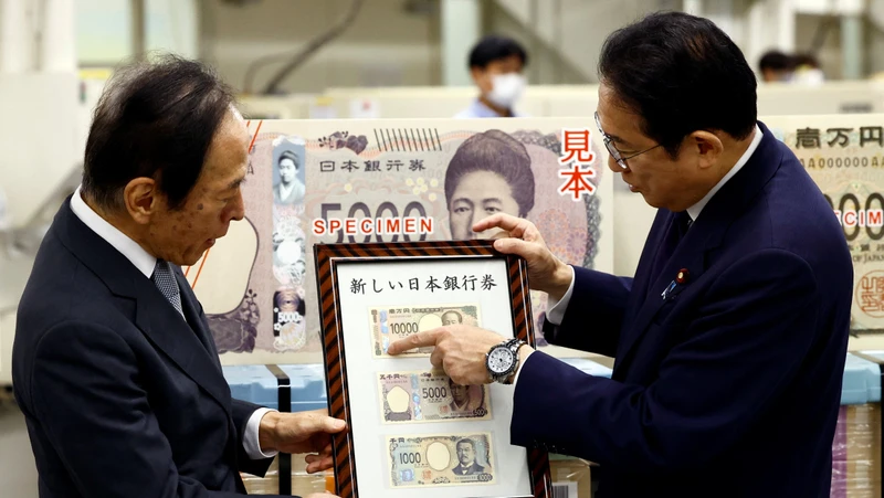 Thủ tướng Nhật Bản Kishida Fumio giới thiệu các tờ tiền mới mệnh giá 10.000 yên, 5.000 yên và 1.000 yên cùng Thống đốc Ngân hàng trung ương Nhật Bản (BOJ) Kazuo Ueda, tại trụ sở BOJ ở Tokyo, Nhật Bản, ngày 3/7/2024. (Ảnh: Reuters) 