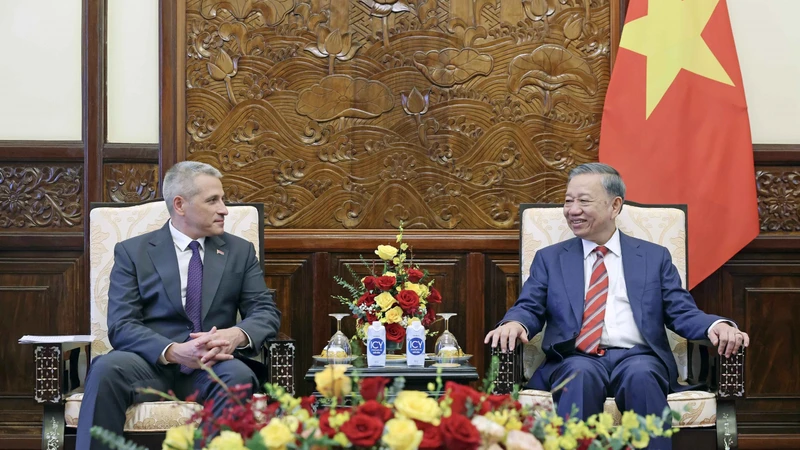 Chủ tịch nước Tô Lâm tiếp Đại sứ Belarus tại Việt Nam Uladzimir Baravikou. (Ảnh: TTXVN)