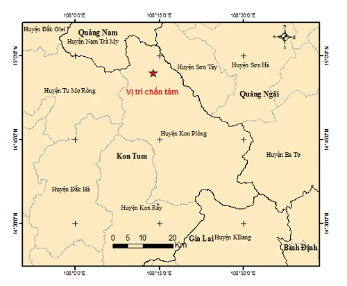Bản đồ tâm chấn động đất tại Kon Tum sáng 9/2. (Ảnh: Viện Vật lý địa cầu)