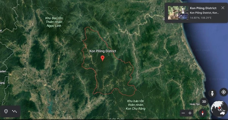 Khu vực huyện Kon Plông, nơi liên tiếp xảy ra các trận động đất vừa qua. (Ảnh: Google Earth)