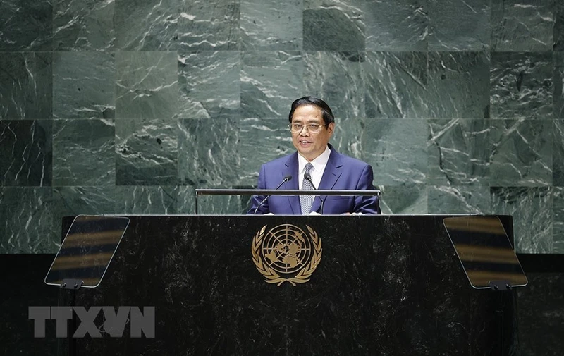 Thủ tướng Phạm Minh Chính phát biểu tại Phiên thảo luận chung cấp cao Khóa 78 Đại hội đồng Liên hợp quốc. (Ảnh: TTXVN) 