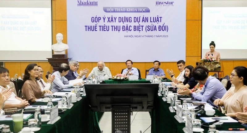 Quang cảnh hội thảo khoa học Góp ý xây dựng dự án Luật Thuế tiêu thụ đặc biệt (sửa đổi) hồi tháng 7/2023.