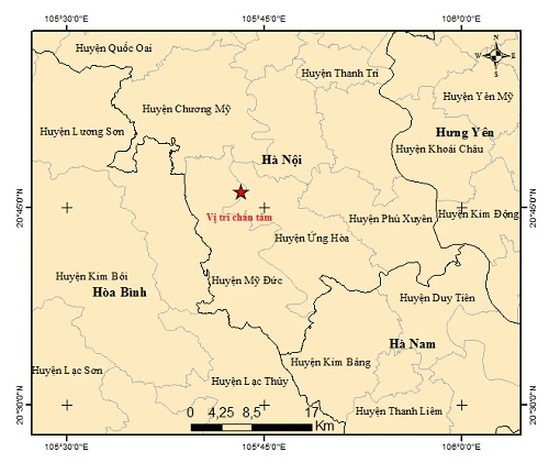 Bản đồ tâm chấn động đất xảy ra tại huyện Mỹ Đức, Hà Nội.