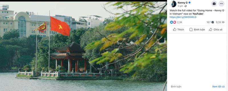 Giao diện bài đăng trên fanpage chính thức của nghệ sĩ Kenny G giới thiệu MV Going Home - sản phẩm do Báo Nhân Dân và IB Group phối hợp thực hiện. (Ảnh chụp màn hình)
