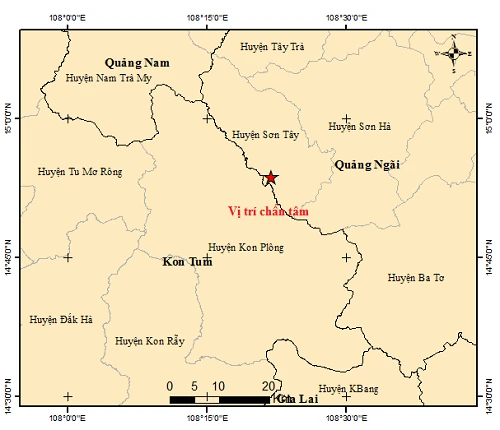 Tâm chấn trận động đất mới nhất xảy ra sáng 30/5 tại tỉnh Quảng Ngãi. (Ảnh: Viện Vật lý Địa cầu)