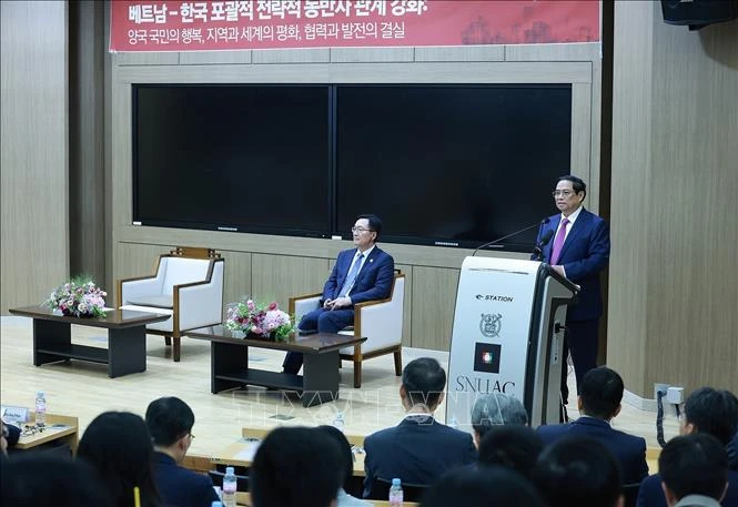 Thủ tướng Phạm Minh Chính phát biểu về chính sách của Việt Nam tại Đại học Quốc gia Seoul, ngày 3/7/2024. Ảnh: Dương Giang/TTXVN