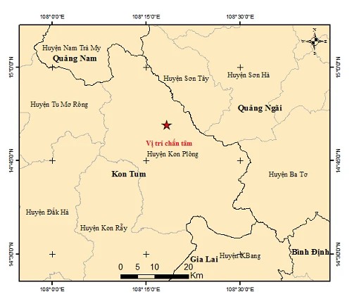 Vị trí tâm chấn vụ động đất xảy ra sáng 9/8 tại Kon Tum. (Ảnh: Trung tâm Báo tin động đất và Cảnh báo sóng thần, Viện Vật lý Địa cầu).
