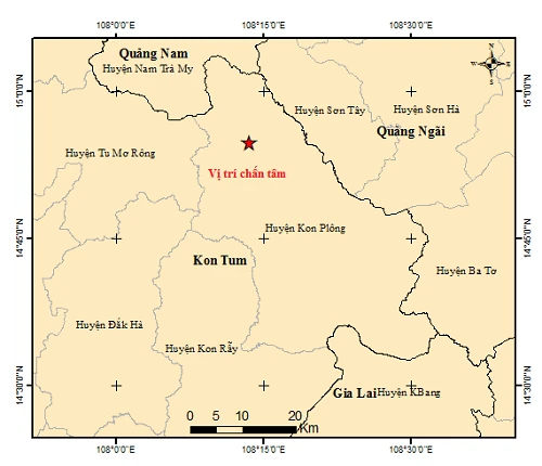 Vị trí tâm chấn trận động đất thứ 6 xảy ra trong ngày tại huyện Kon Plông, tỉnh Kon Tum. (Ảnh: Viện Vật lý Địa cầu)