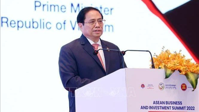 Thủ tướng Phạm Minh Chính phát biểu tại Hội nghị Thượng đỉnh Kinh doanh và Đầu tư ASEAN 2022. (Ảnh: Dương Giang/TTXVN)