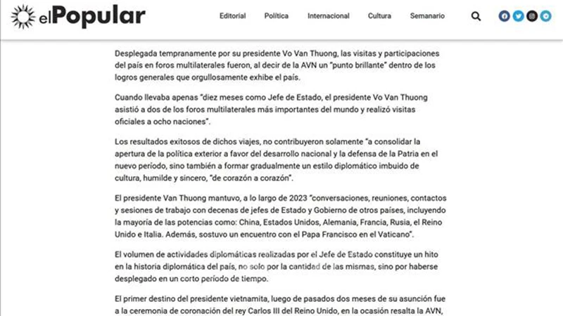 Báo điện tử El Pueblo (Nhân Dân), cơ quan ngôn luận Đảng Cộng sản Uruguay đăng bài trả lời phỏng vấn TTXVN của Tổng Bí thư Nguyễn Phú Trọng. Ảnh: TTXVN
