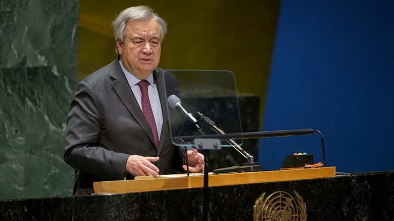 Tổng Thư ký Liên hợp quốc Antonio Guterres phát biểu tại trụ sở Liên hợp quốc ở New York, Mỹ. (Ảnh: THX/TTXVN)