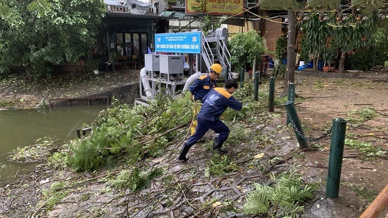 Công nhân Công ty Thoát nước Hà Nội thu dọn cành cây gãy đổ, bảo đảm thoát nước.