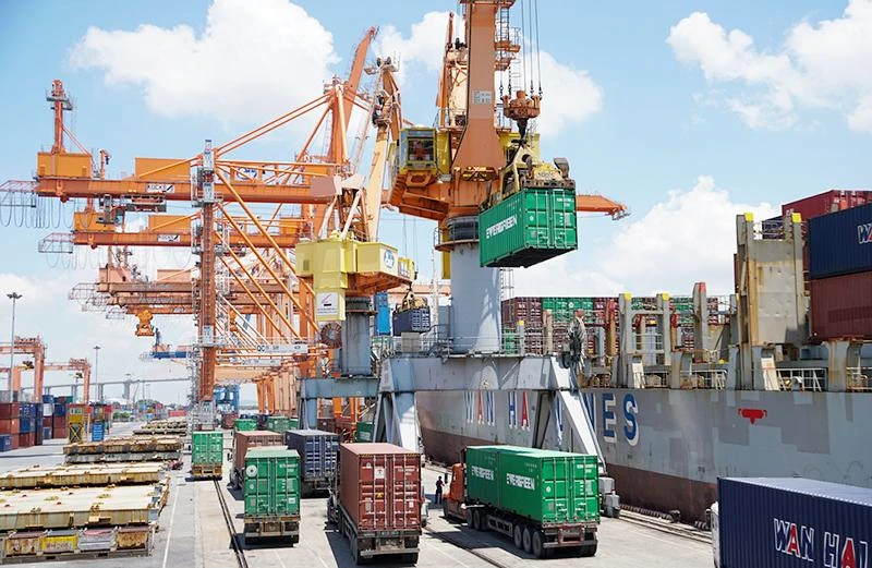 Bốc xếp hàng hóa xuất nhập khẩu tại cảng Tân Vũ, thành phố Hải Phòng. (Ảnh ĐĂNG DUY)