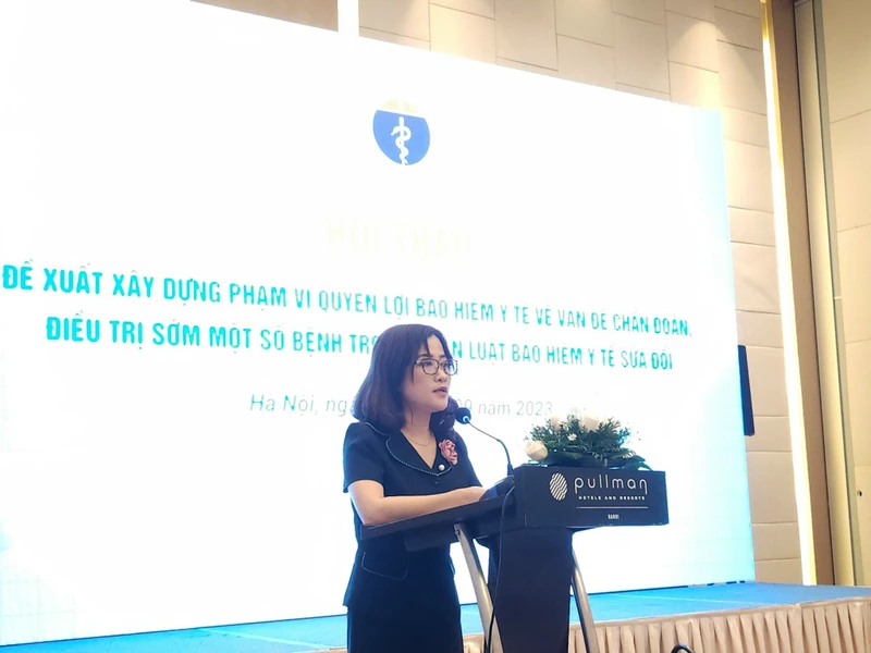 Thạc sĩ Trần Thị Trang, Quyền Vụ trưởng Vụ Bảo hiểm y tế phát biểu tại Hội thảo.