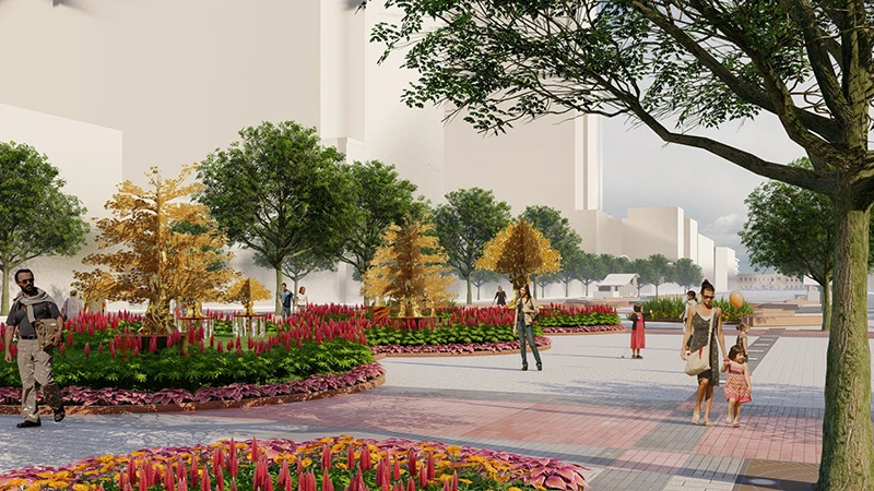 Phối cảnh cây hoàng kim tại Đường hoa Nguyễn Huệ Tết Giáp Thìn 2024.