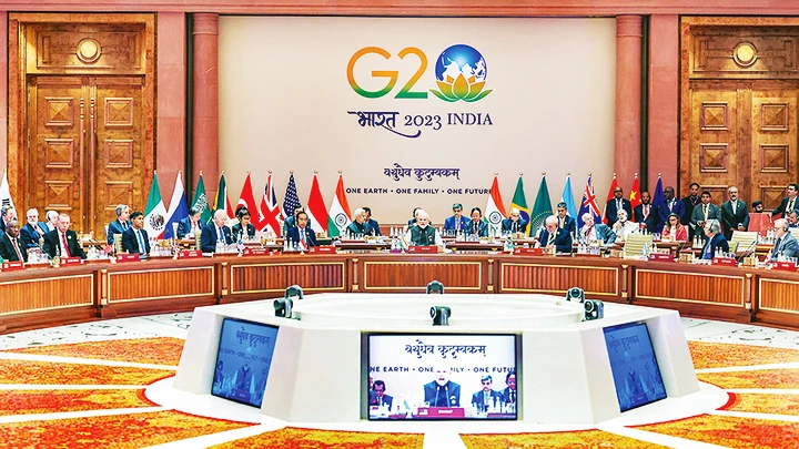Một phiên làm việc của các nhà lãnh đạo G20 trong khuôn khổ Hội nghị New Delhi. Ảnh: GETTY IMAGES