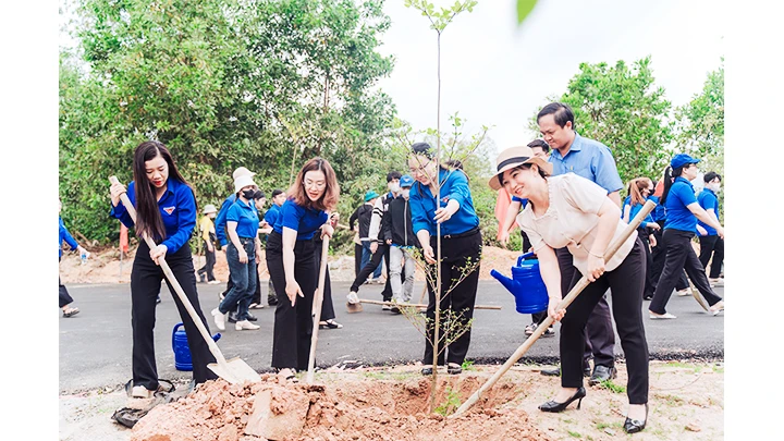 Đoàn viên, thanh niên huyện Hòa Vang trồng cây xanh tại các tuyến đường.