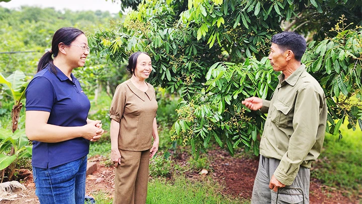 Cán bộ CLB cảm hóa (trái) thăm mô hình phát triển kinh tế của ông Lê Đình Ngoan.