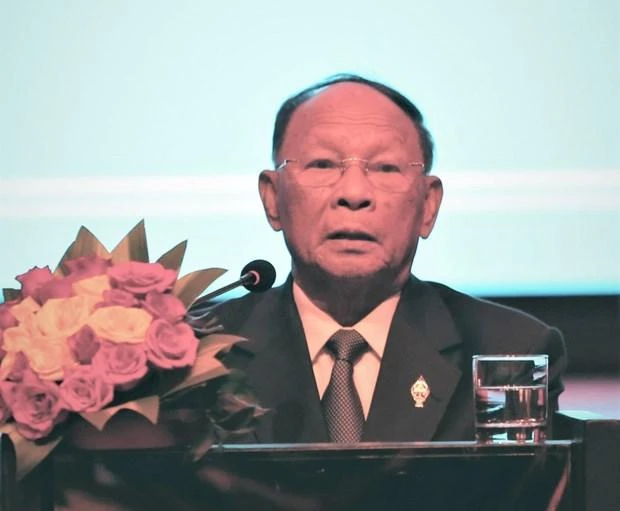 Chủ tịch Quốc hội Vương quốc Campuchia Samdech Heng Samrin phát biểu tại lễ kỷ niệm 77 năm Quốc khánh Việt Nam (2/9/1945-2/9/2022) diễn ra tại khách sạn Sofitel ở thủ đô Phnom Penh. (Ảnh: TTXVN)