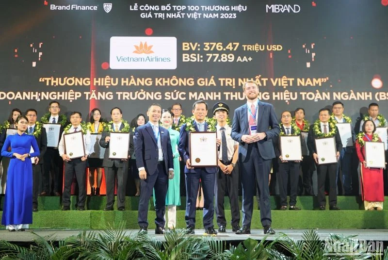 Ông Đặng Anh Tuấn, Phó Tổng giám đốc Vietnam Airlines nhận “Thương hiệu hàng không giá trị nhất Việt Nam” và “Tốp 5 doanh nghiệp tăng trưởng sức mạnh thương hiệu toàn ngành (BSI)”. 