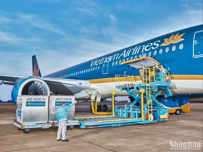 Hàng hoá đang được chất xếp lên tàu bay Vietnam Airlines.