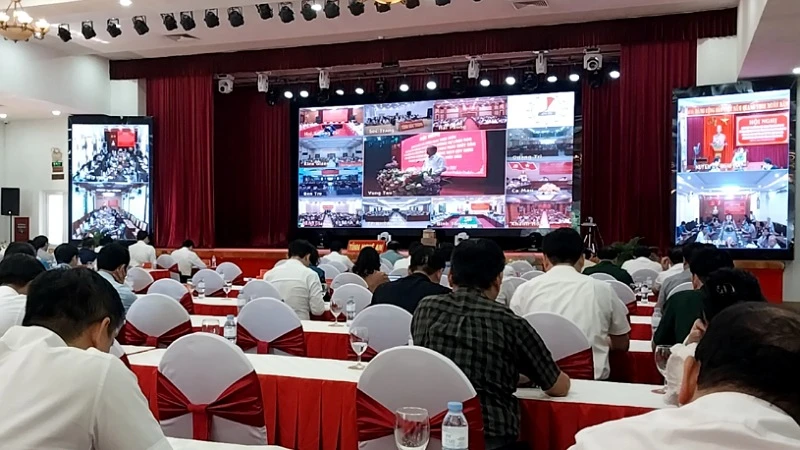 Quang cảnh điểm cầu hội nghị của tỉnh Nghệ An ở thành phố Vinh.