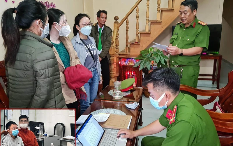 Lực lượng chức năng thực hiện lệnh bắt tạm giam đối với bà Hoa và ông Đạt.