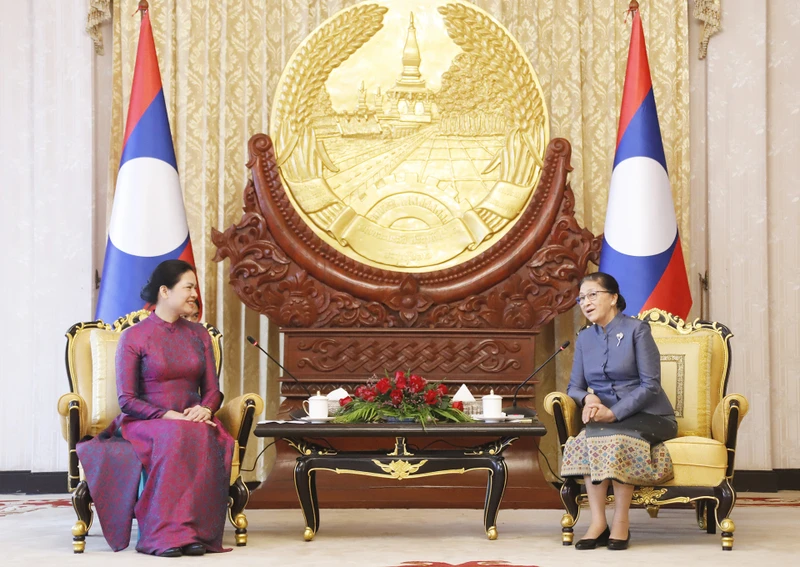 Phó Chủ tịch nước Lào Pany Yathotou và Chủ tịch Hội Liên hiệp Phụ nữ Việt Nam Hà Thị Nga tại buổi tiếp. (Ảnh: Trịnh Dũng)