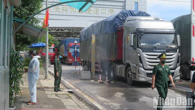 Cán bộ, chiến sĩ Đồn Biên phòng cửa khẩu Chi Ma, Lộc Bình, (Lạng Sơn), thường xuyên kiểm tra xe hàng hóa xuất, nhập khẩu qua cửa khẩu.