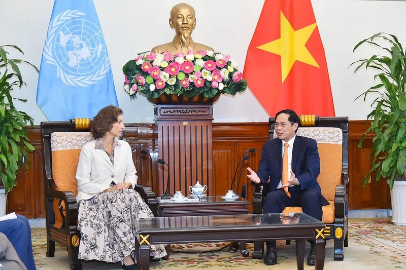 Bộ trưởng Ngoại giao Bùi Thanh Sơn tiếp Tổng Giám đốc UNESCO Audrey Azoulay. (Ảnh: Báo Thế giới và Việt Nam)