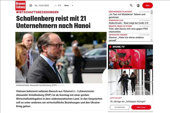 Tờ Kronen Zeitung của Áo đưa tin về chuyến thăm. (Ảnh: Chụp màn hình)