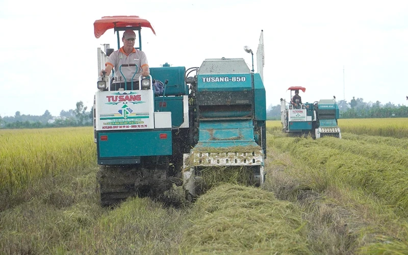 Máy cuộn rơm tại mô hình canh tác lúa thông minh ở xã Vị Trung, huyện Vị Thủy, tỉnh Hậu Giang.