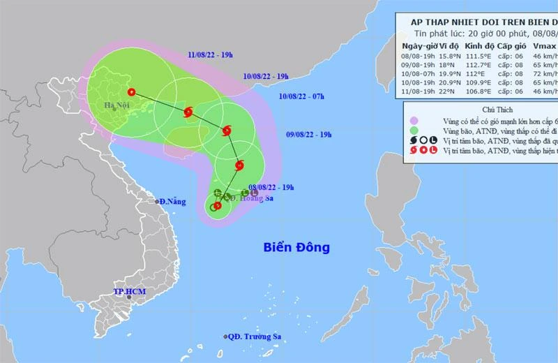 Vị trí và hướng di chuyển của áp thấp nhiệt đới lúc 19 giờ. (Nguồn: nchmf.gov.vn)