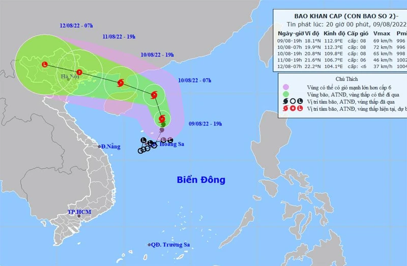 Vị trí và hướng di chuyển của bão số 2 lúc 19 giờ ngày 9/8. (Nguồn: nchmf.gov.vn)