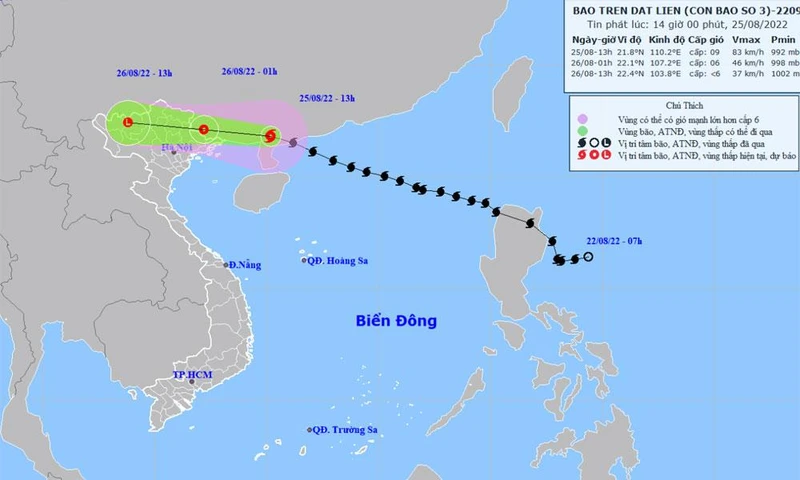 Vị trí và hướng di chuyển của bão số 3. (Nguồn: nchmf.gov.vn)