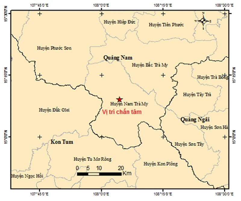 Bản đồ chấn tâm động đất tại huyện Nam Trà My (Quảng Nam).