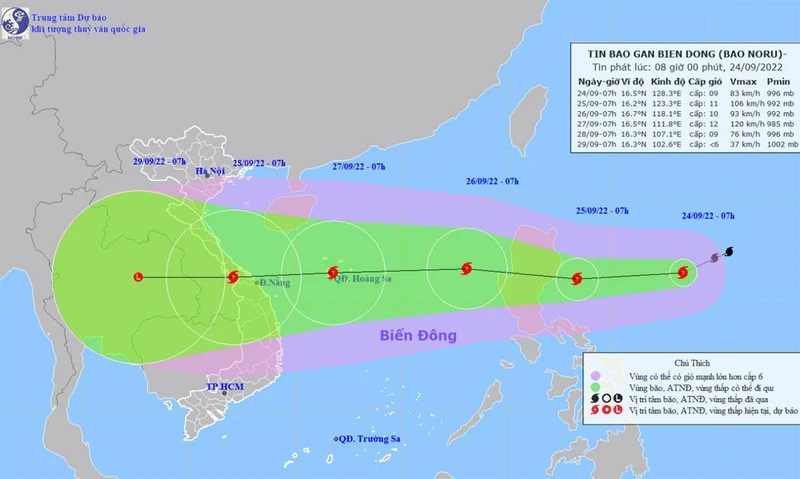 Vị trí và hướng di chuyển của bão Noru. (Nguồn: nchmf.gov.vn)