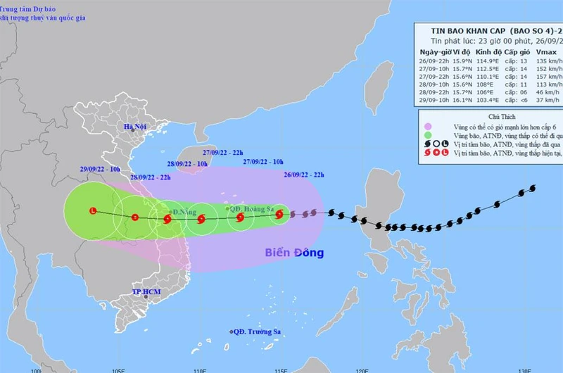 Vị trí và hướng di chuyển của bão số 4. (Nguồn: nchmf.gov.vn)