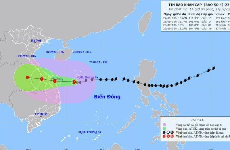 Vị trí và hướng di chuyển của bão số 4. (Nguồn: nchmg.gov.vn)