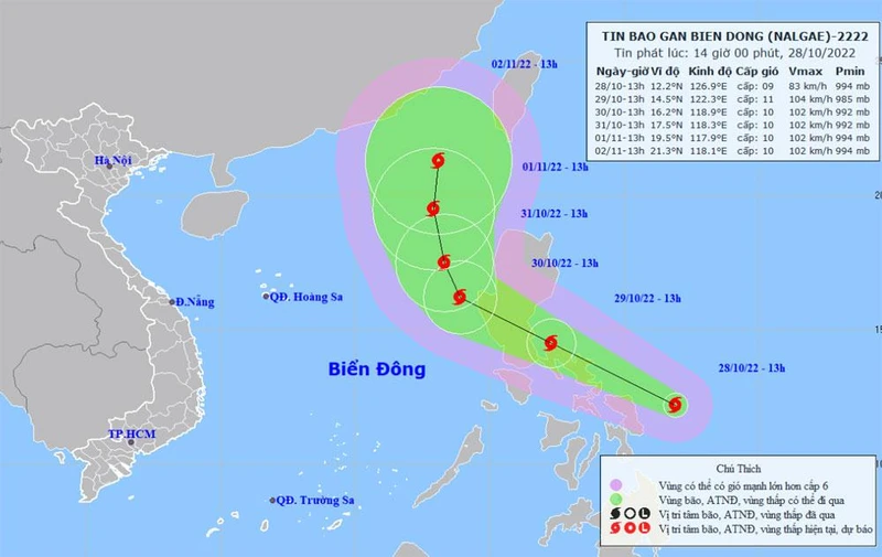 Vị trí và hướng di chuyển của bão Nalgae. (Nguồn: nchmf.gov.vn)