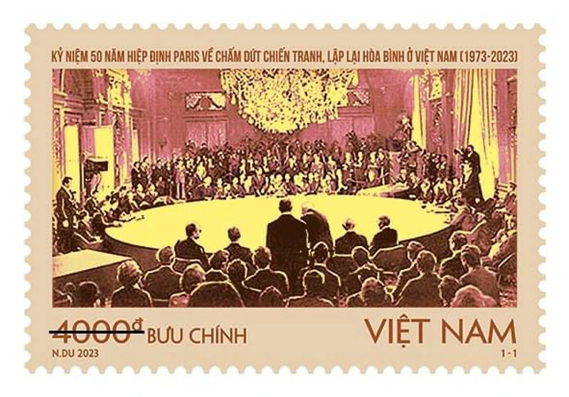 Mẫu tem “Kỷ niệm 50 năm Hiệp định Paris về chấm dứt chiến tranh, lập lại hòa bình ở Việt Nam (1973-2023)”.