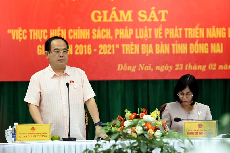 Trưởng Đoàn đại biểu Quốc hội tỉnh Đồng Nai Quản Minh Cường phát biểu tại buổi giám sát.