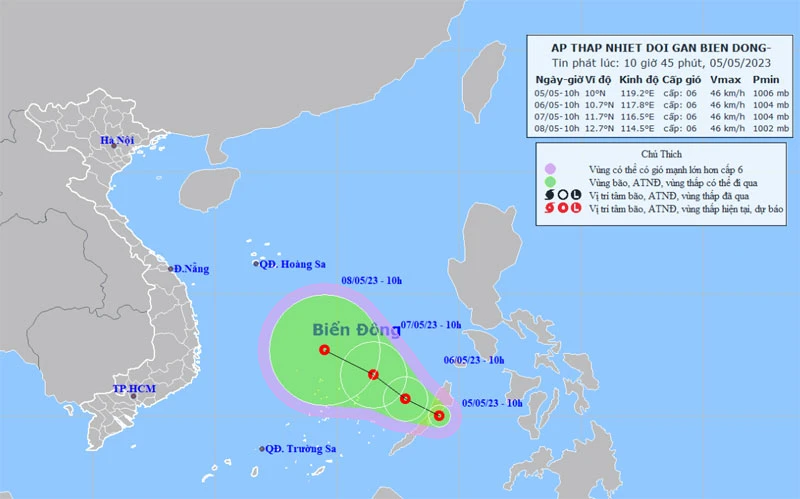 Vị trí và hướng di chuyển của áp thấp nhiệt đới gần Biển Đông. (Nguồn: nchmf.gov.vn)