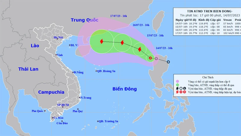 Vị trí và hướng di chuyển của áp thấp nhiệt đới. (Nguồn: nchmf.gov.vn)