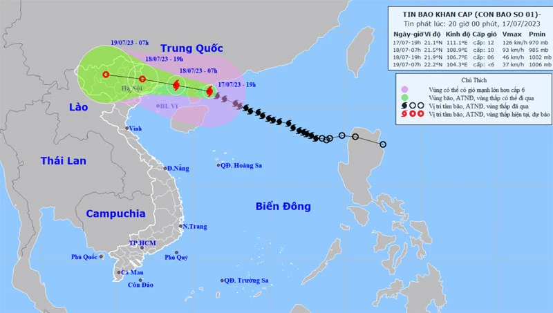 Vị trí và hướng di chuyển của bão số 1. (Nguồn: nchmf.gov.vn)