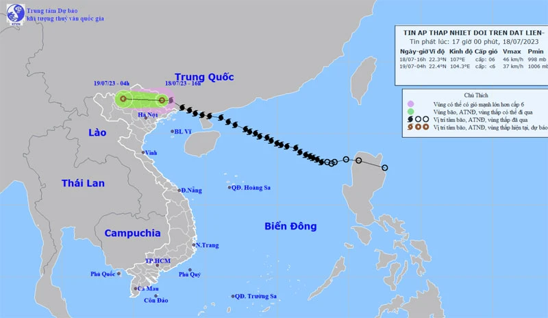 Vị trí và hướng di chuyển của áp thấp nhiệt đới (suy yếu từ bão số 1). (Nguồn: nchmf.gov.vn)