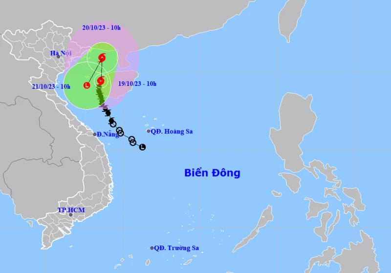 Vị trí và hướng di chuyển của bão số 5 lúc 10 giờ ngày 19/10. (Nguồn: nchmf.gov.vn)
