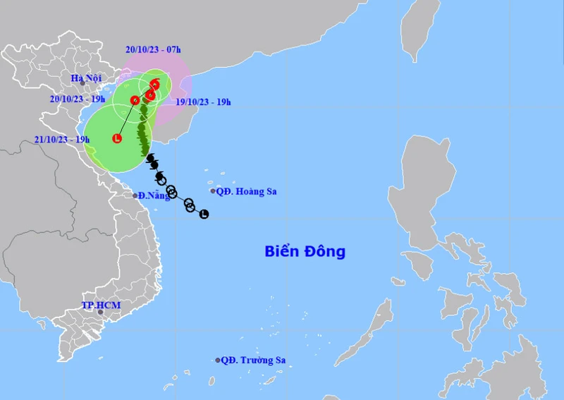 Vị trí và hướng di chuyển của bão số 5 lúc 19 giờ. (Nguồn: nchmf.gov.vn)