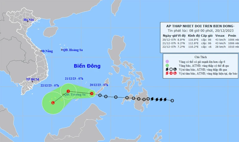 Vị trí và hướng di chuyển của áp thấp nhiệt đới. (Nguồn: nchmf.gov.vn)