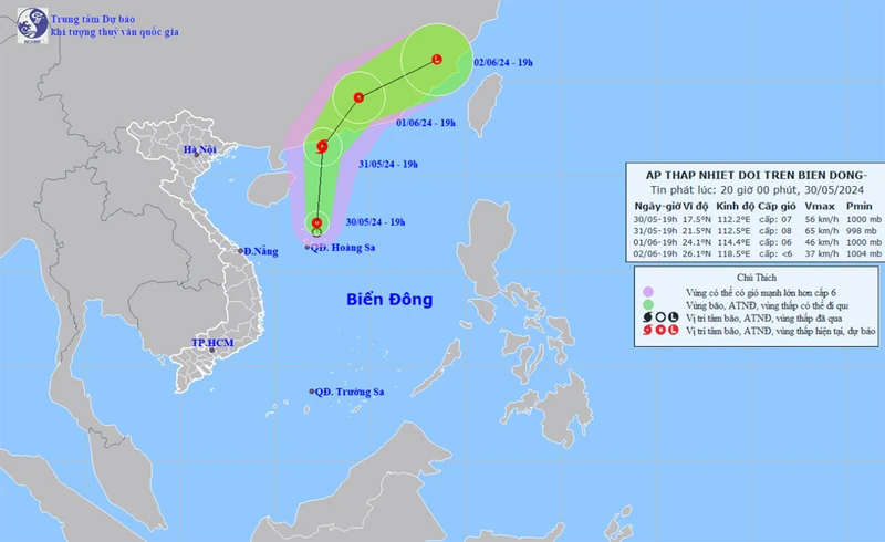 Vị trí và hướng di chuyển của áp thấp nhiệt đới lúc 19 giờ ngày 30/5. (Nguồn: nchmf.gov.vn)